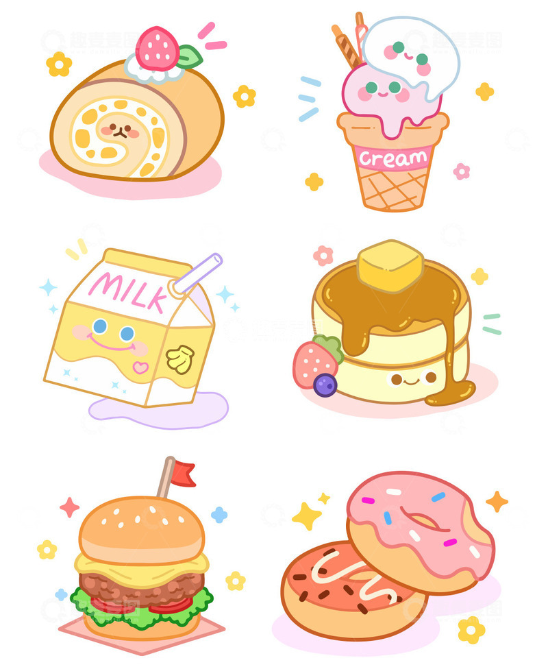 源文件下载【趣麦麦图】卡通可爱美食牛奶冰淇淋汉堡等元素