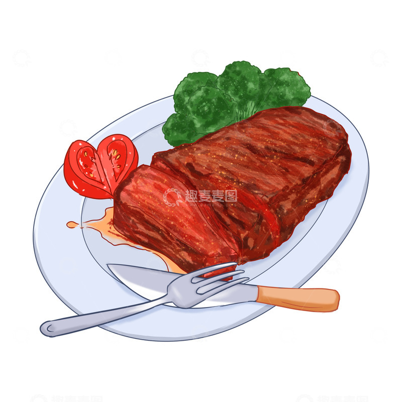 源文件下载【趣麦麦图】美食烤肉牛排西蓝花番茄