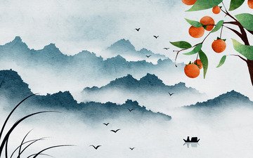 手绘寒露节气柿子水墨山水插画