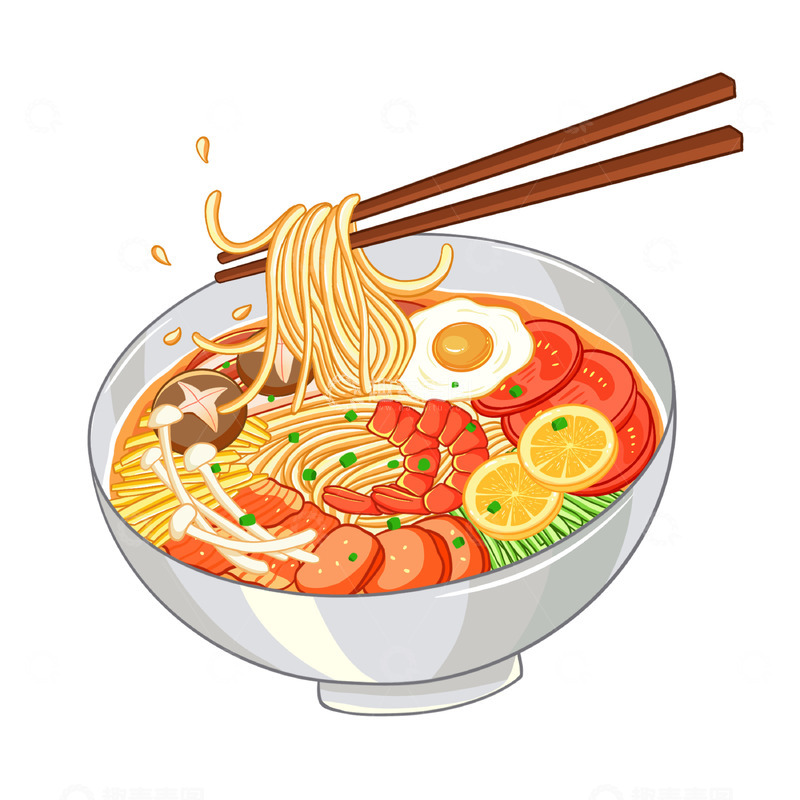 源文件下载【趣麦麦图】手绘美食海鲜面条插画元素