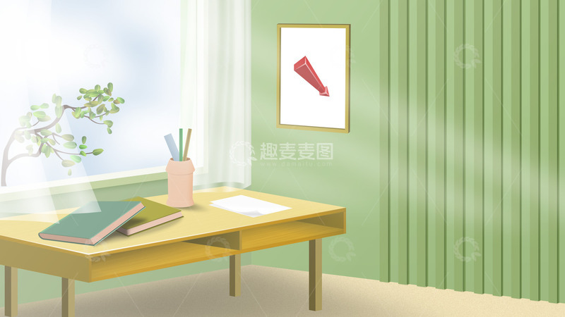 源文件下载【趣麦麦图】绿色卡通学习书桌书籍背景室内