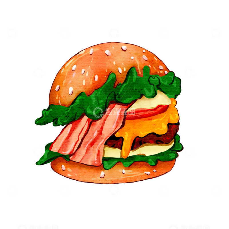 源文件下载【趣麦麦图】手绘汉堡美食三明治插画卡通水彩元素