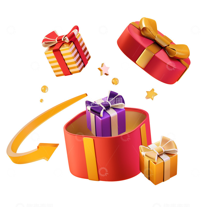 源文件下载【趣麦麦图】节日礼盒打开的豪华大礼包3D促销元素
