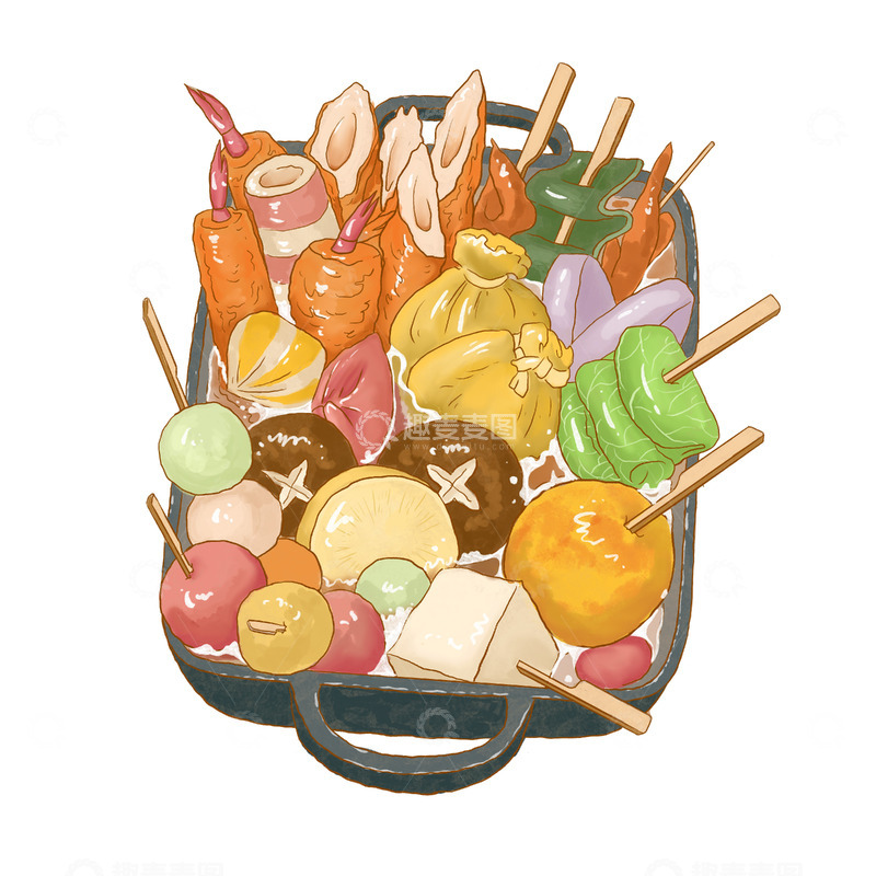 源文件下载【趣麦麦图】关东煮美食串串涮串元素手绘插画