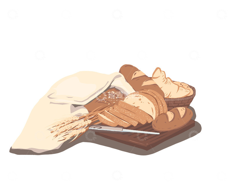全麦切片面包牛角包拼盘手绘美食元素