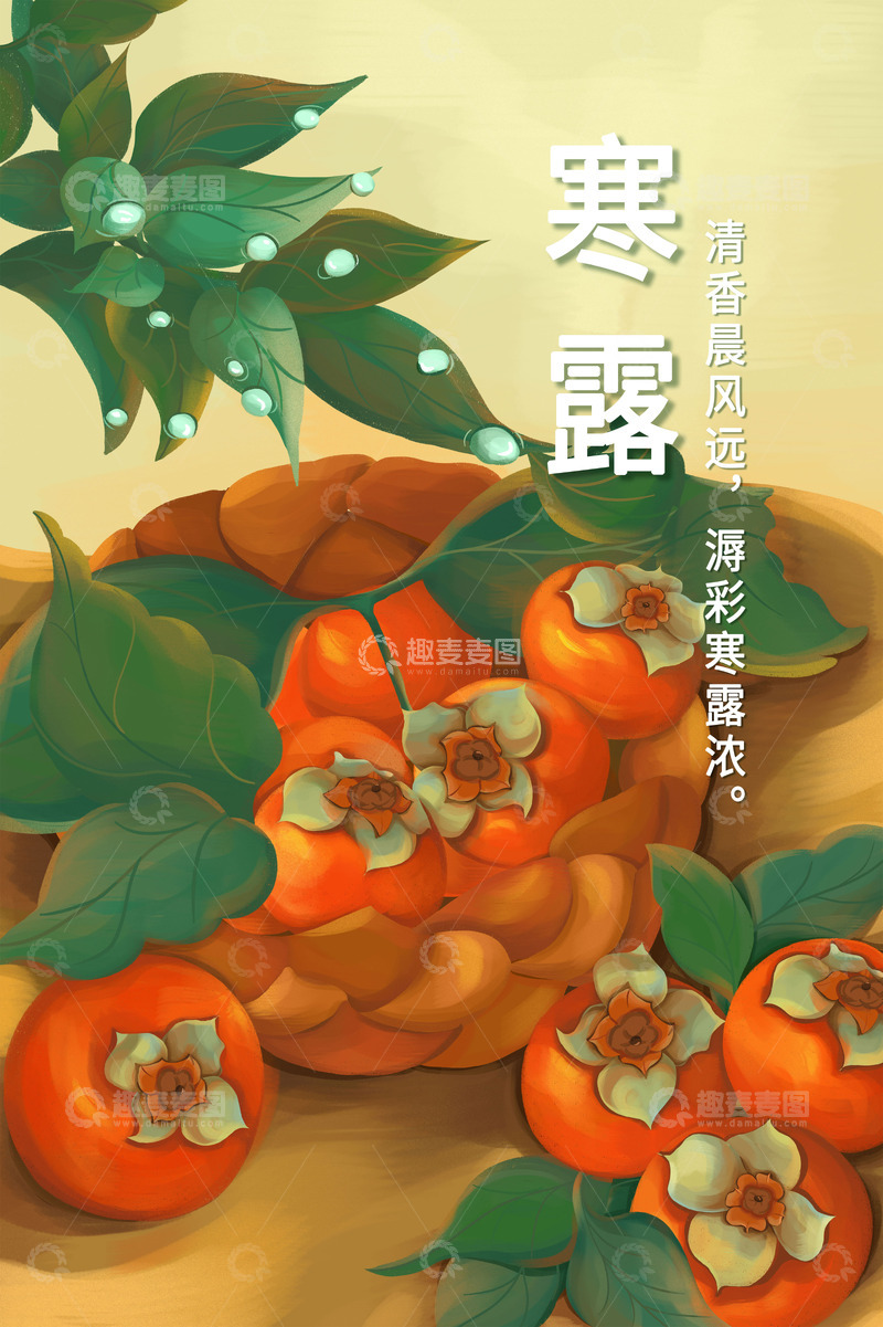 源文件下载【趣麦麦图】寒露节气插画柿子水滴露水