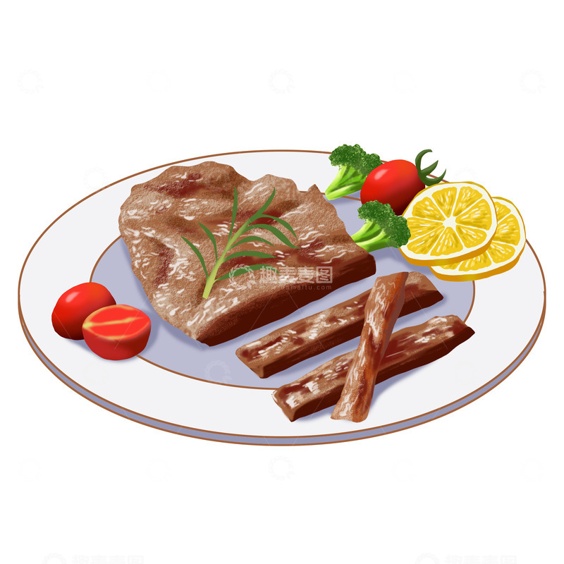 源文件下载【趣麦麦图】美食西餐牛排柠檬