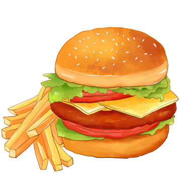 手绘美食汉堡薯条插画元素