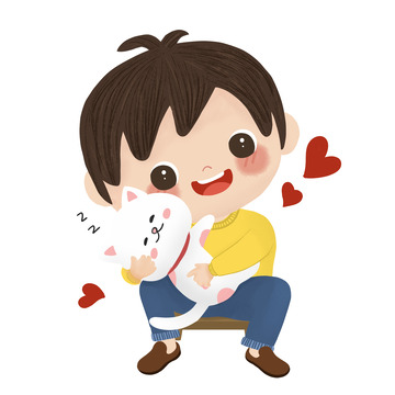 男孩抱着粉嫩小奶猫