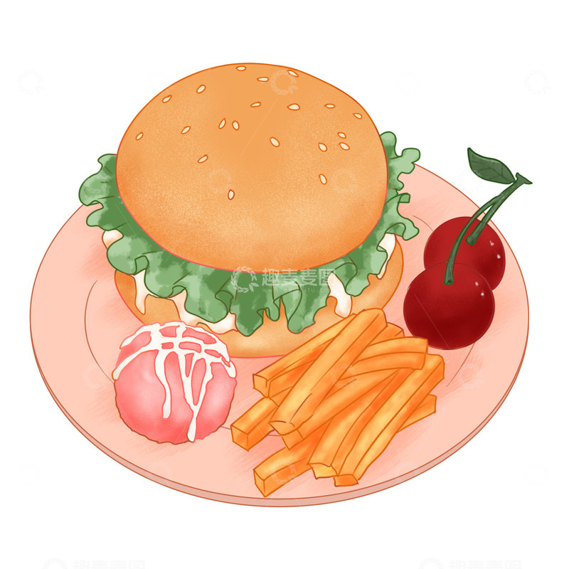 源文件下载【趣麦麦图】美食西餐汉堡薯条冰淇淋水果