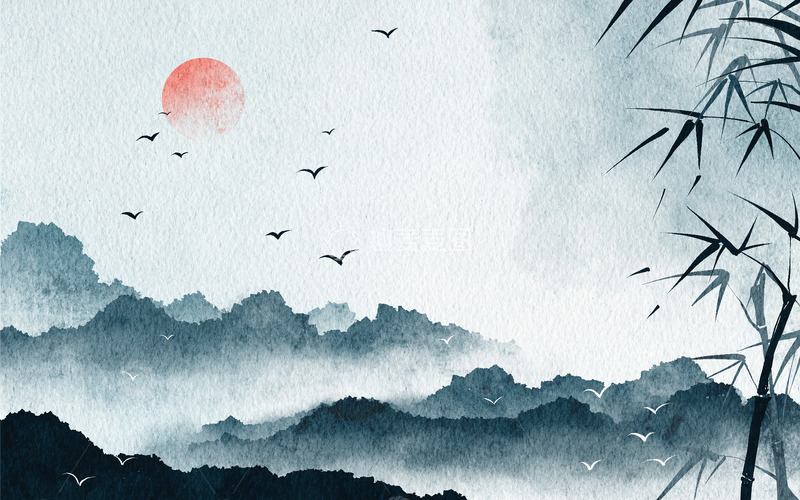 源文件下载【趣麦麦图】手绘中国风古风竹叶飞鸟落日寒露插画海报
