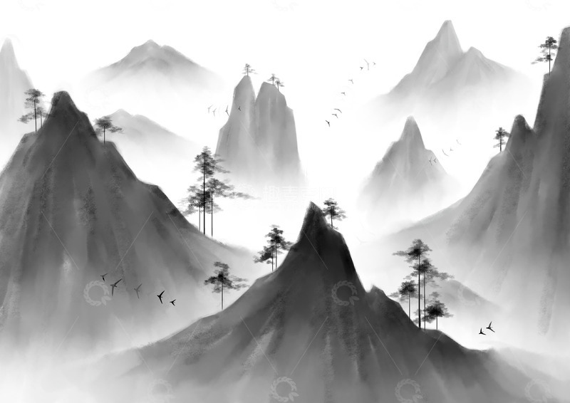源文件下载【趣麦麦图】黑白灰水墨画山