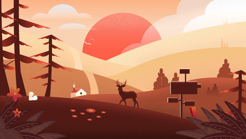 金色秋天寒露小鹿夕阳风景扁平化插画