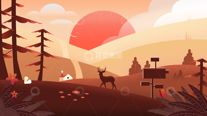 源文件下载【趣麦麦图】金色秋天寒露小鹿夕阳风景扁平化插画