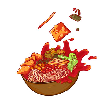 手绘美食螺蛳粉腐竹酸笋花生生菜