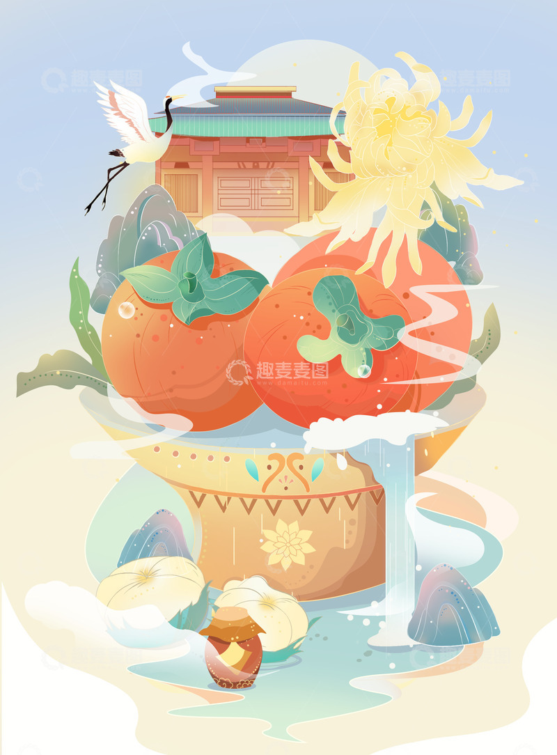 源文件下载【趣麦麦图】寒露节气国风插画