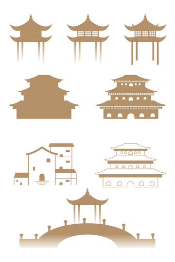 中式古风线条建筑矢量剪影元素