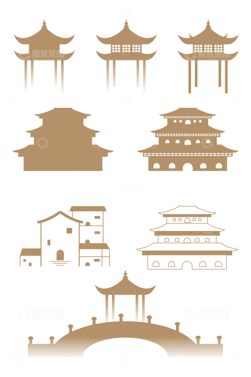 源文件下载【趣麦麦图】中式古风线条建筑矢量剪影元素
