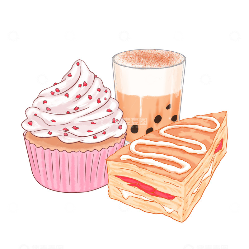 源文件下载【趣麦麦图】美食甜点三明治奶茶