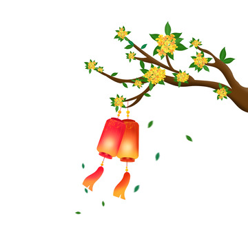 手绘中秋节桂花树枝灯笼元素