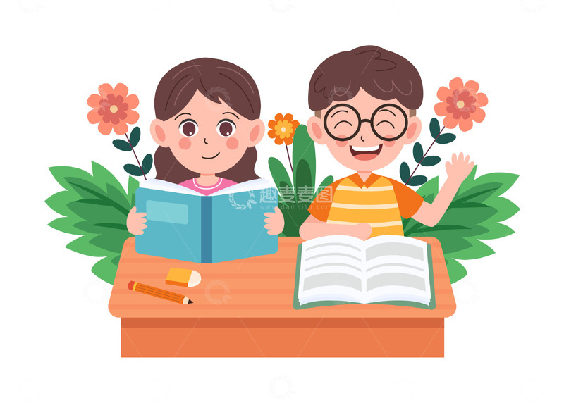 卡通简约在书桌前看书的孩子