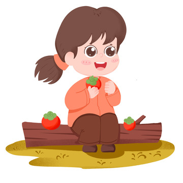 卡通手绘女孩坐在木头上吃柿子免抠元素