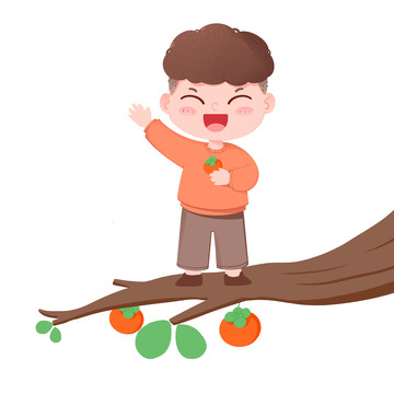 卡通手绘男孩站在柿子树枝头吃柿子免抠元素
