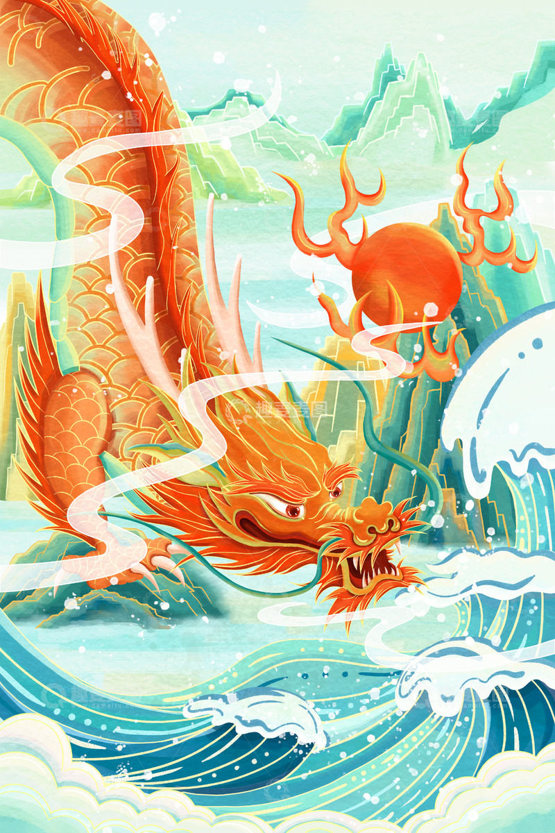 源文件下载【趣麦麦图】国风龙插画金龙戏珠