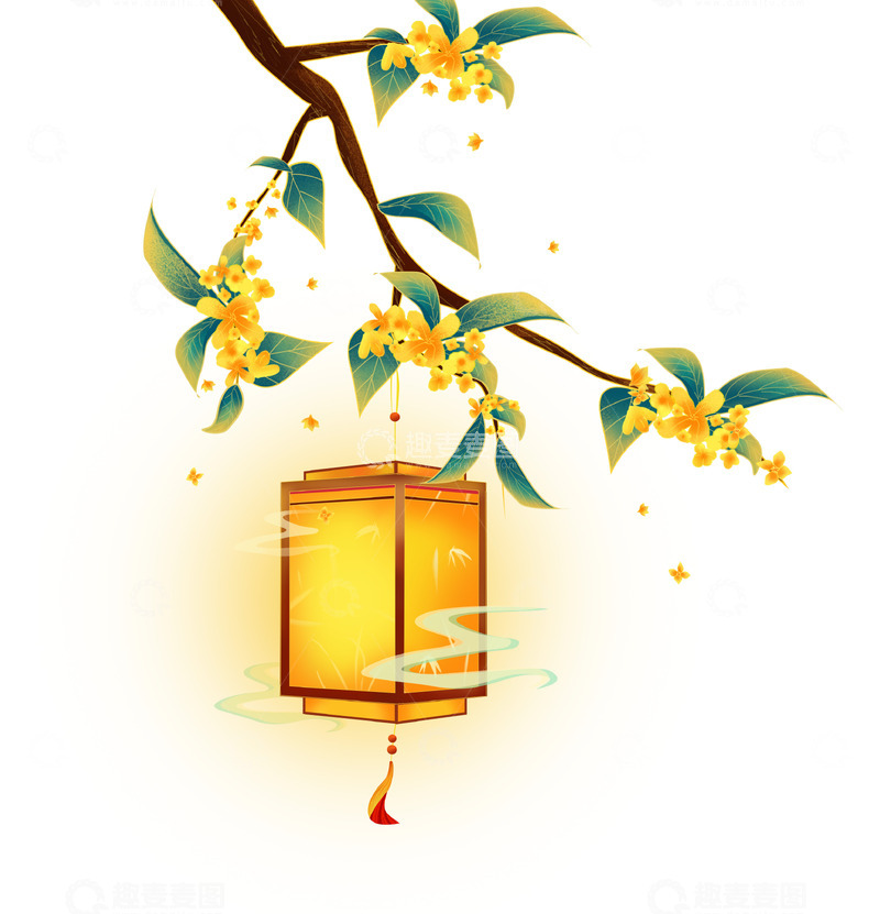 源文件下载【趣麦麦图】手绘中秋国潮风祥云桂花树枝和猜灯谜灯笼