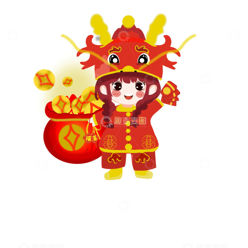 源文件下载【趣麦麦图】龙年喜庆拜年红衣小龙人女孩红包