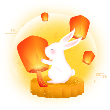中国风中秋节日兔子放孔明灯装饰插画