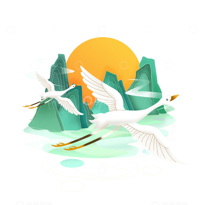 源文件下载【趣麦麦图】寒露动物白鹭青山绿水太阳湖水元素