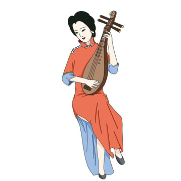 弹琵琶的古装民国卡通详形象手绘
