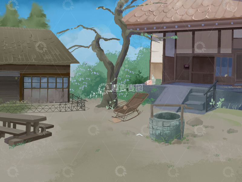 源文件下载【趣麦麦图】水彩场景插画