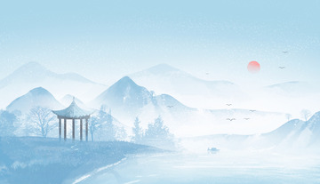 寒露节气渔船水墨山水浅蓝色中国风背景