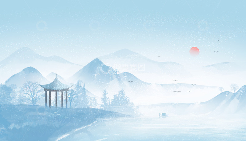 源文件下载【趣麦麦图】寒露节气渔船水墨山水浅蓝色中国风背景