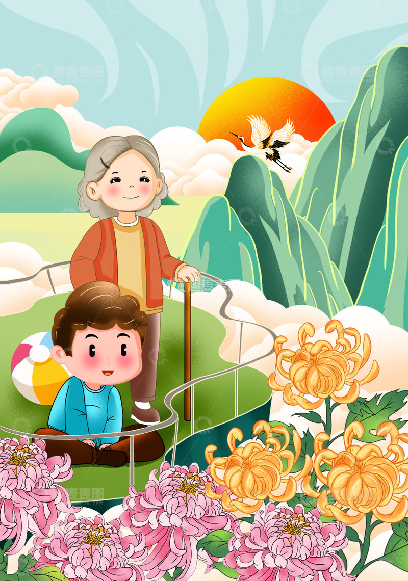 源文件下载【趣麦麦图】手绘重阳节人物背景插画