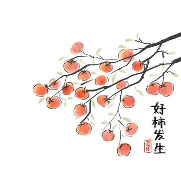 国画小品水墨柿子霜降节气中式好柿发生植物