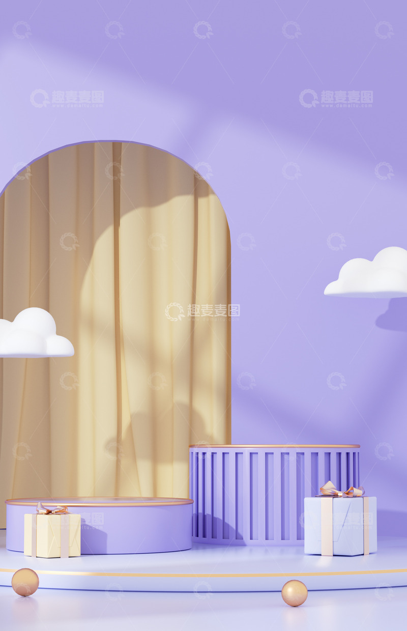 源文件下载【趣麦麦图】立体紫色卡通海报背景C4D卡通海报背景
