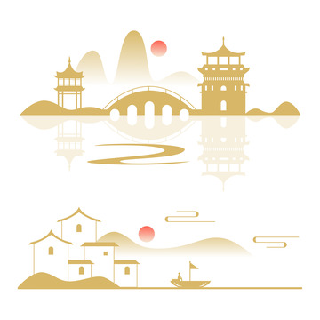 中国风古代建筑山水剪影