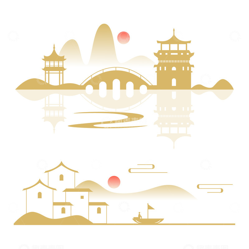 源文件下载【趣麦麦图】中国风古代建筑山水剪影