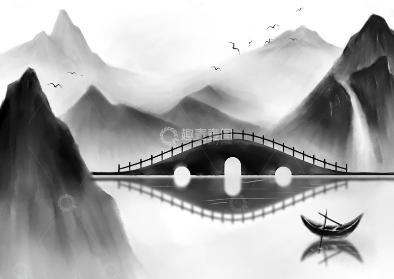 源文件下载【趣麦麦图】-国风水墨山水画湖面桥头