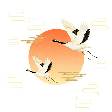 中国风仙鹤祥云太阳国潮插画元素