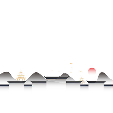 中国风山水徽派建筑亭子插画底部装饰元素