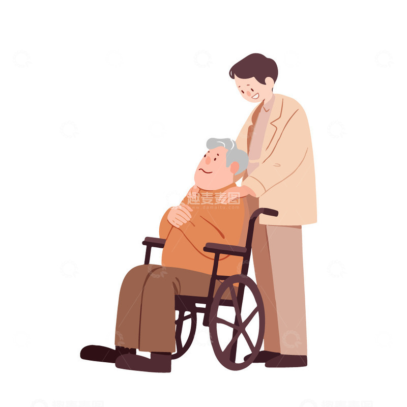 重阳节敬老年轻人照顾坐在轮椅上的老人