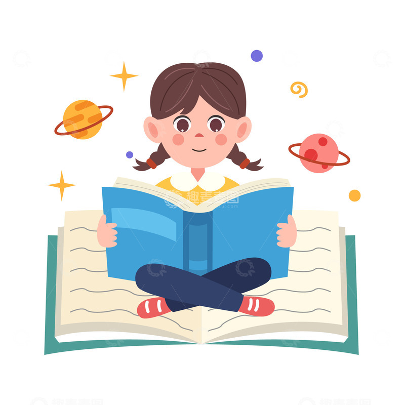 卡通简约坐着看书的小女孩