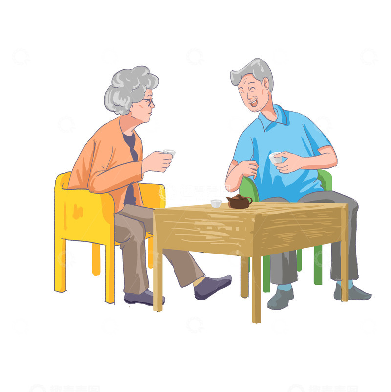 源文件下载【趣麦麦图】-老年人喝茶手绘图