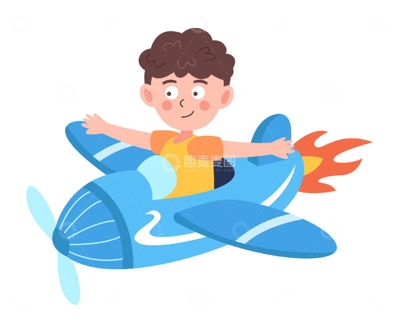 源文件下载【趣麦麦图】卡通简约坐着飞行艇的小男孩