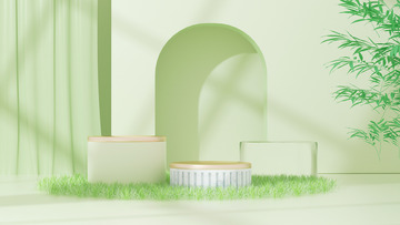 立体C4D清新简约竹叶电商展台海报背景