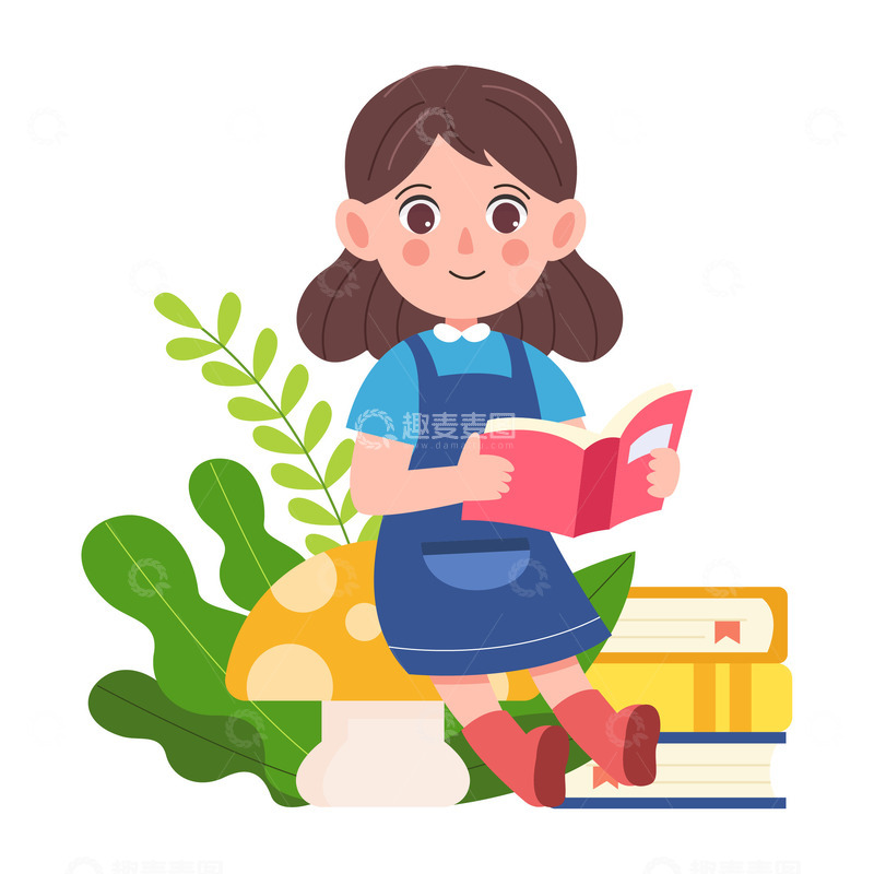 卡通简约坐着读书的小女孩
